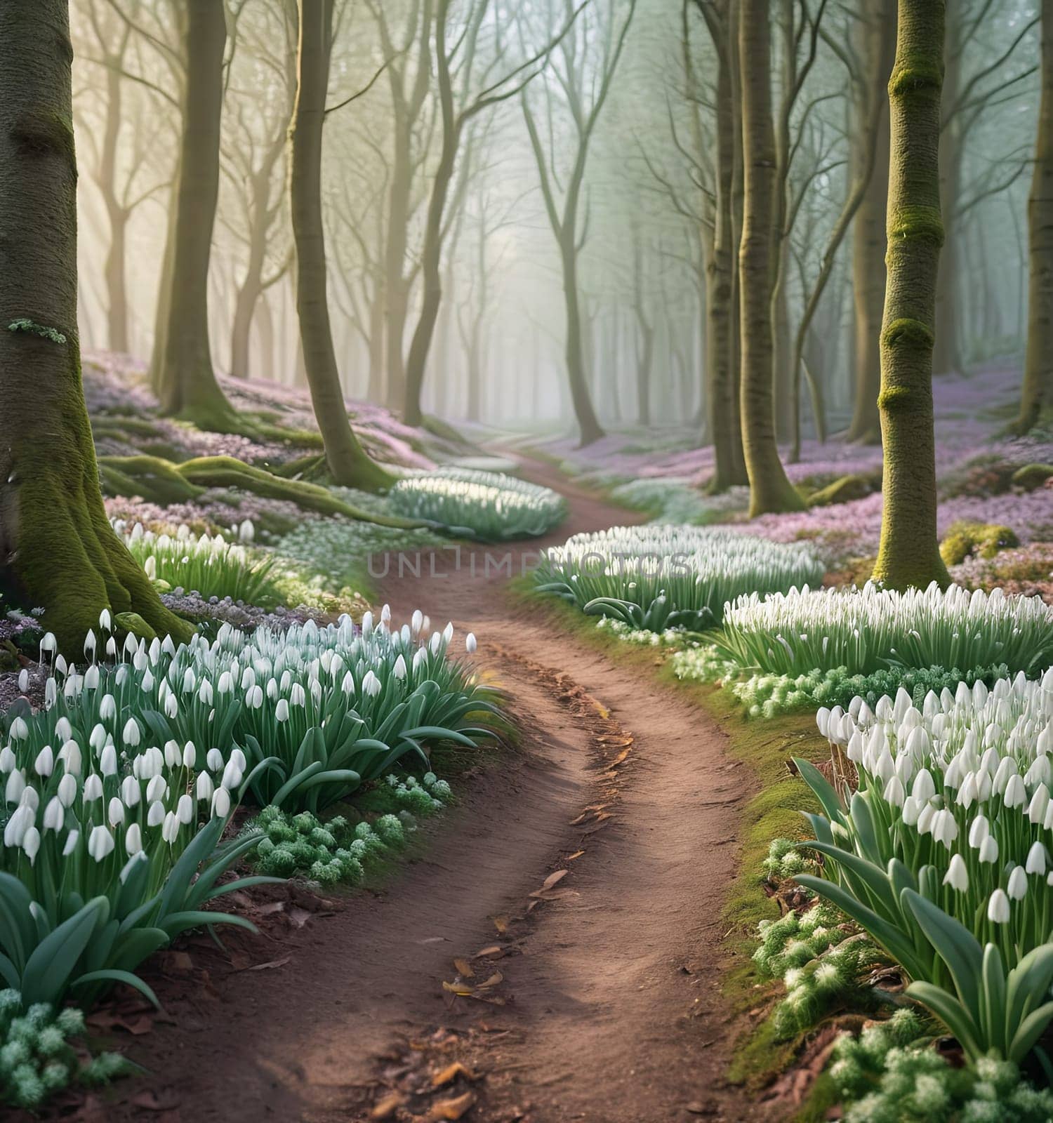 Forest path winds through dense forest, surrounded by blooming white snowdrops flowers during early morning, offering peaceful scenery for nature enthusiasts. by Matiunina