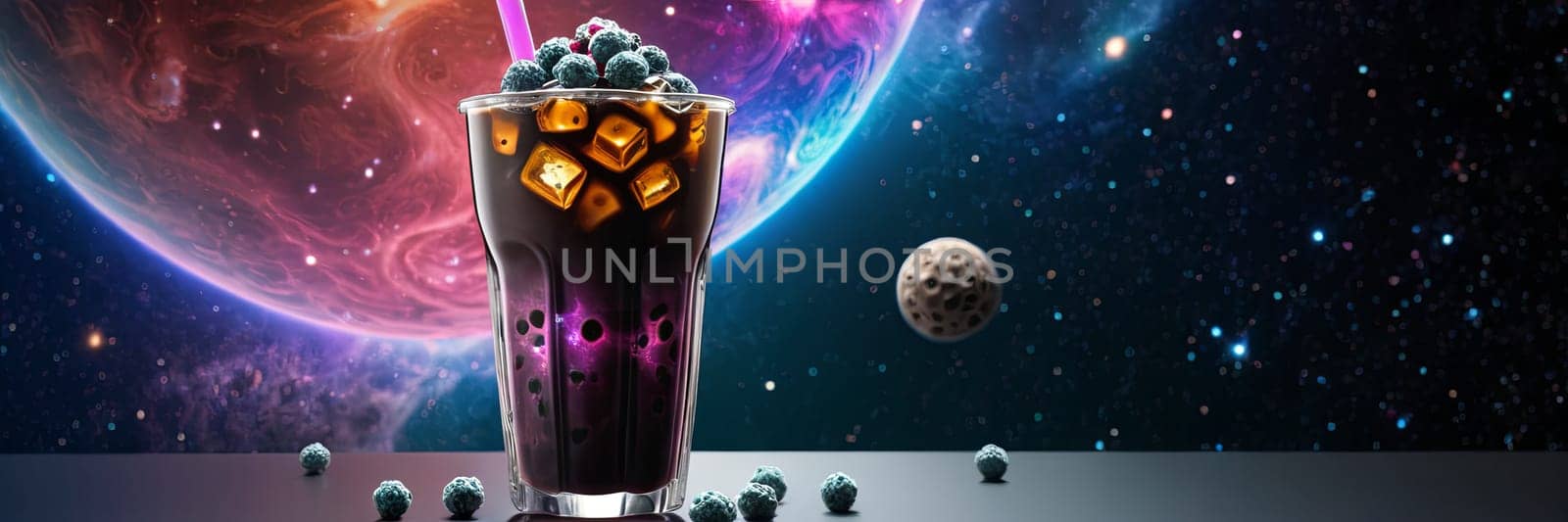 Bubble tea with black pearls and cream, foreground. Background displays a vibrant galaxy adorned with stars and nebulae. by Matiunina