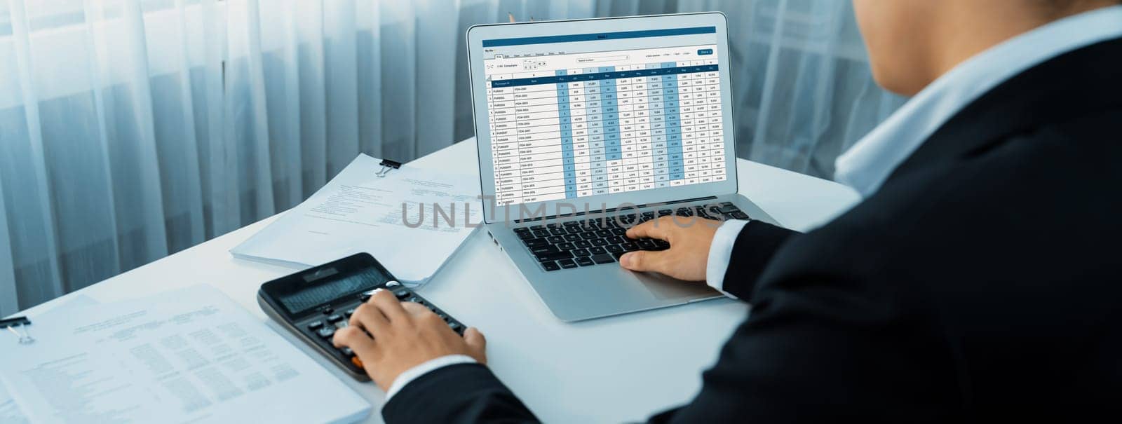 Corporate accountant use accounting software on laptop to calculate and maximize tax refunds and improve financial performance based on financial data. Modern business accounting in panorama. Shrewd