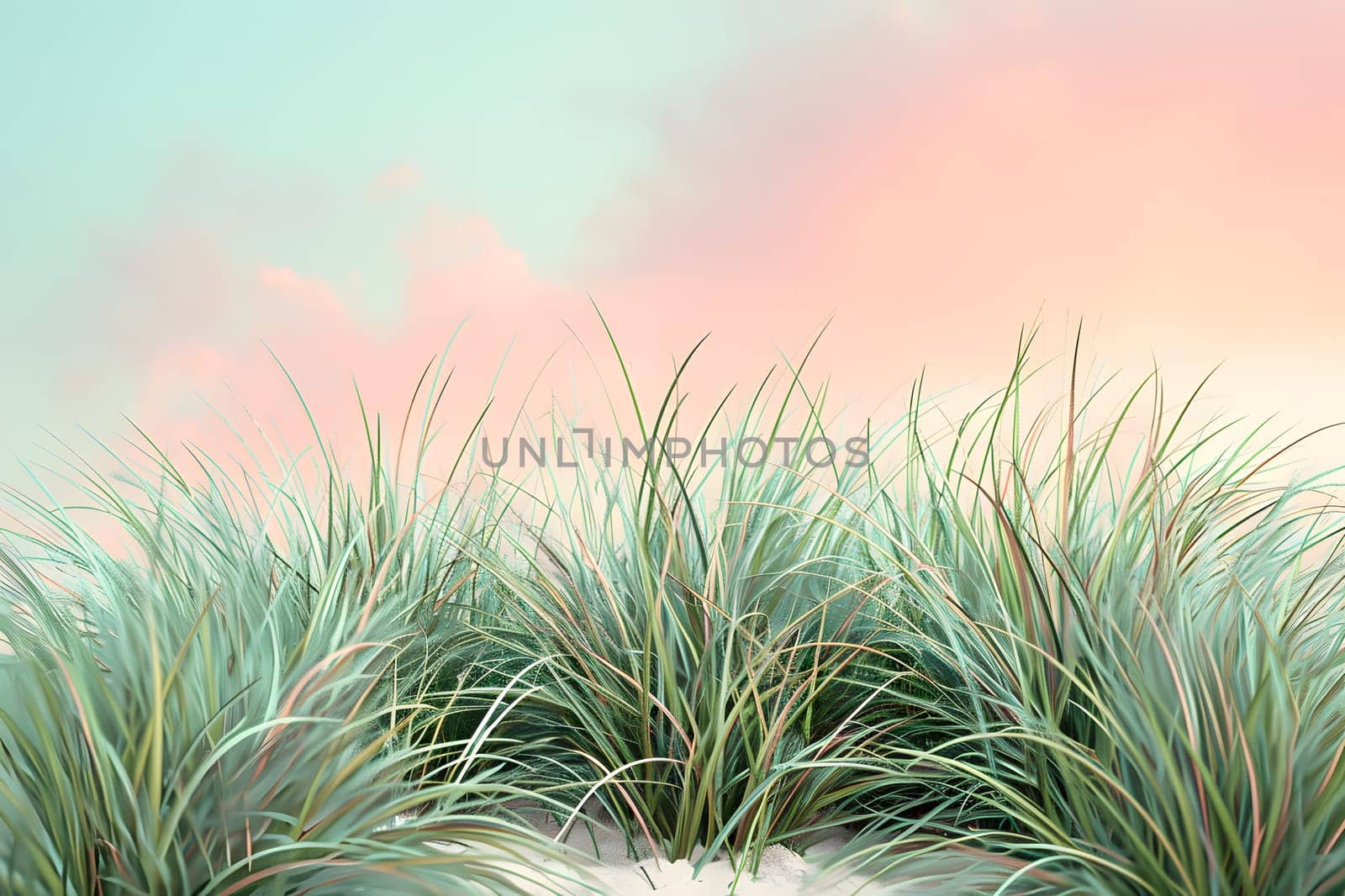 A natural landscape with tall grass growing on a sand dune under the vast sky. The terrestrial plant belongs to the grass family, creating a beautiful grassland horizon
