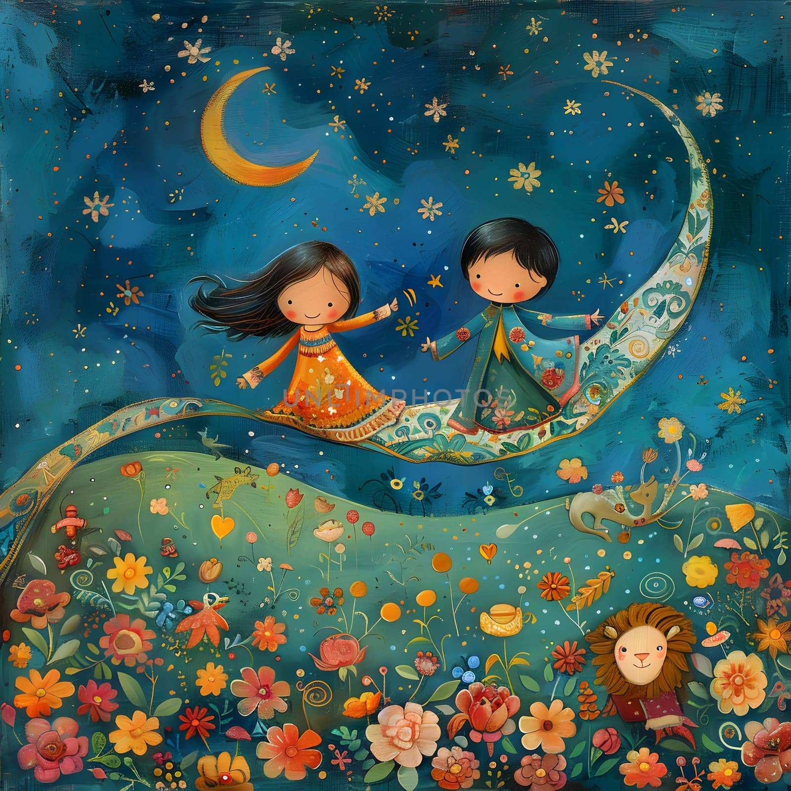 An artistic representation of a boy and a girl flying on a crescent moon in azure skies. Surrounding them are vibrant flowers and aquatic organisms