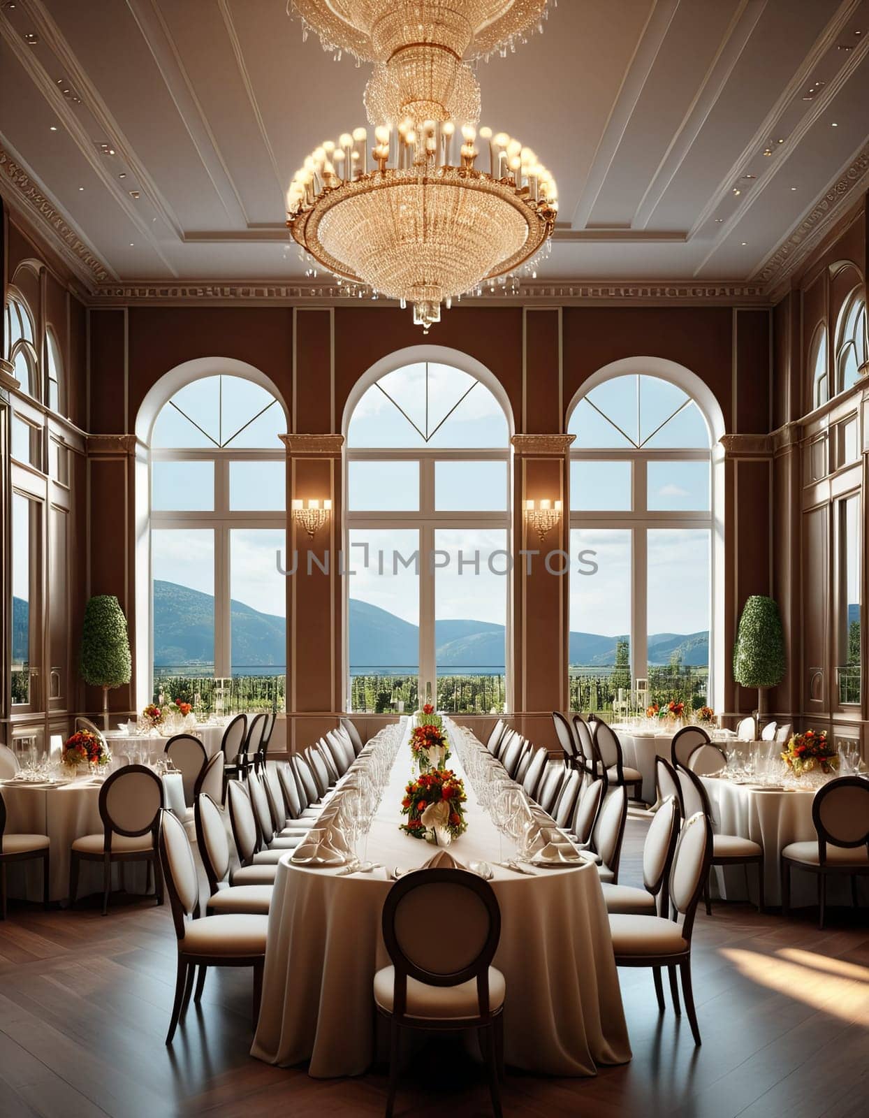 opulent banquet hall where tables set for a grand event bask in the ambient light, showcasing the room’s architectural elegance