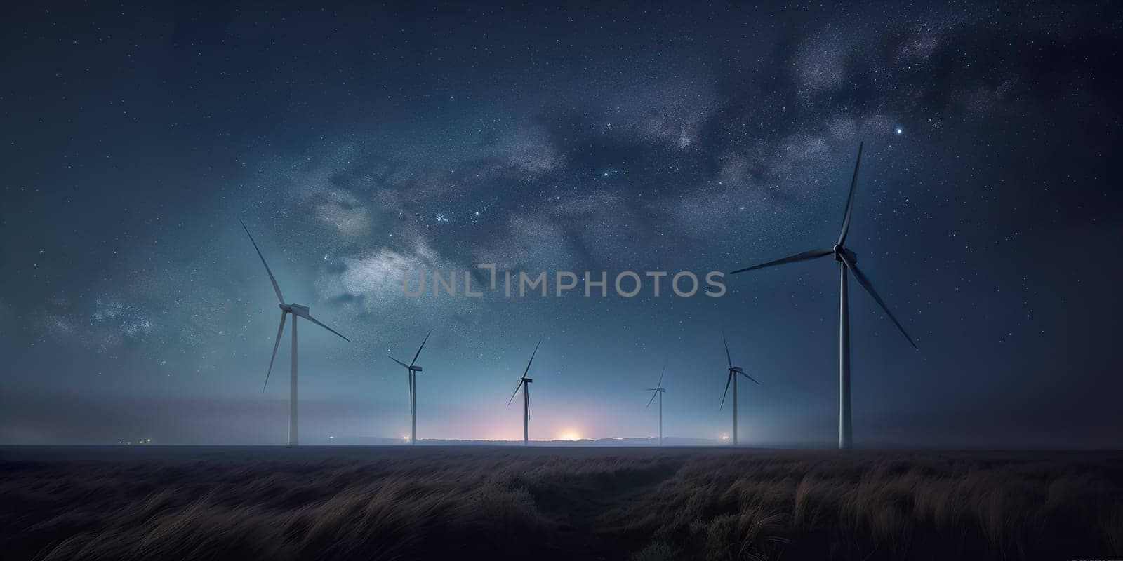 Wind turbine on field at sunset, silhouettes on dark blue night sky background by Jyliana