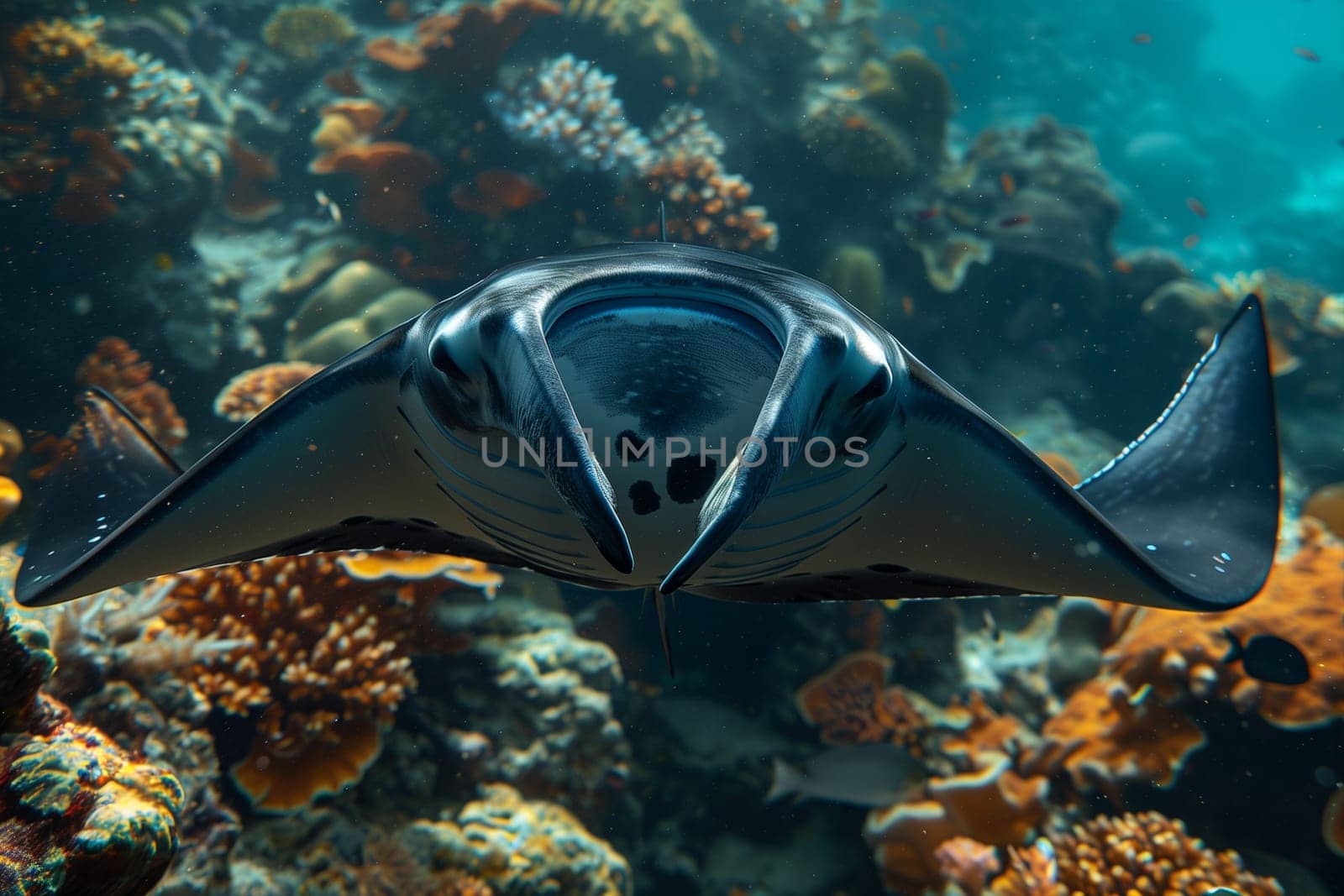 Manta ray swimming in the ocean in French Polynesia.