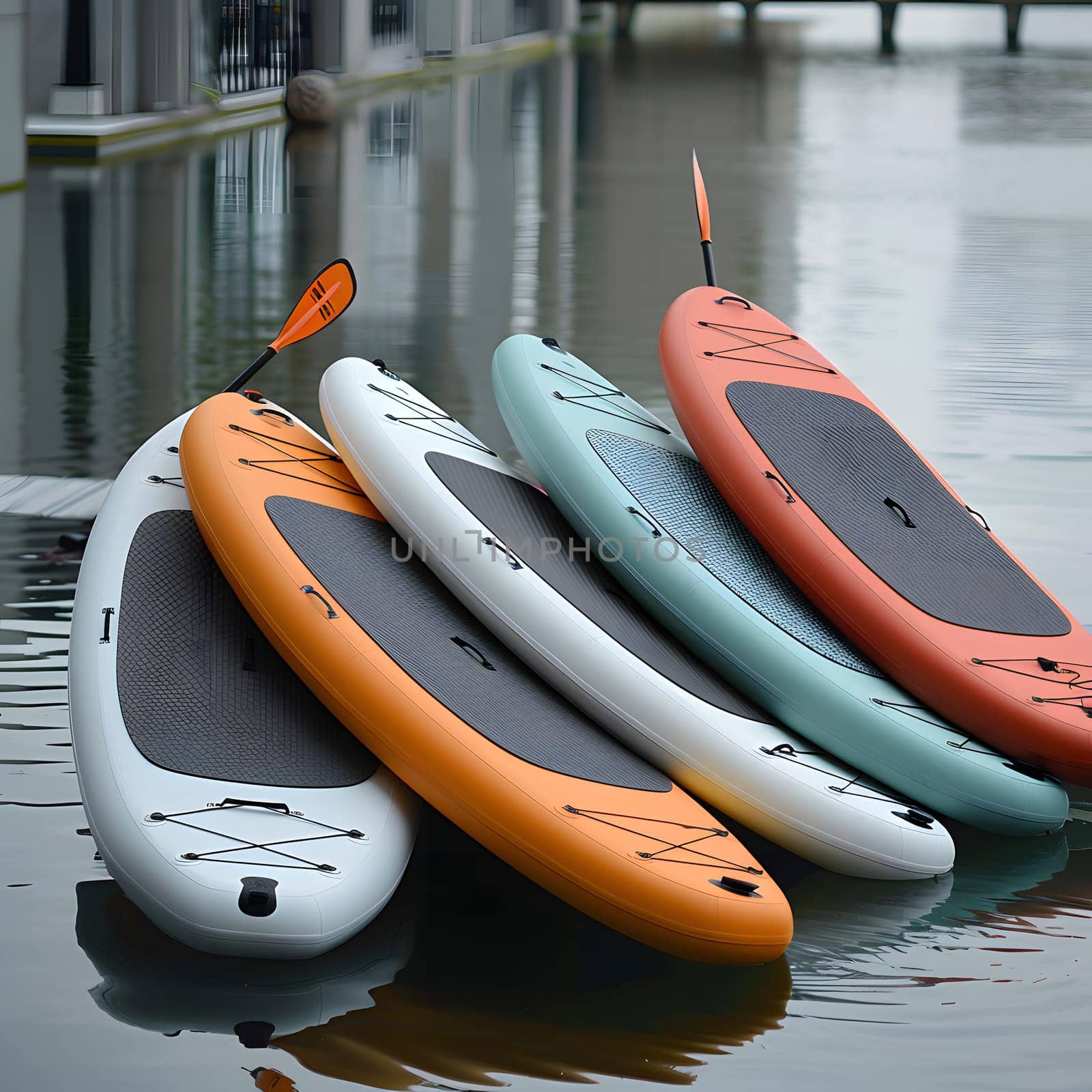 A row of paddle boards are lined up in the lake, ready for a day of recreation on the water. Each board comes equipped with a paddle and lifejacket for safety