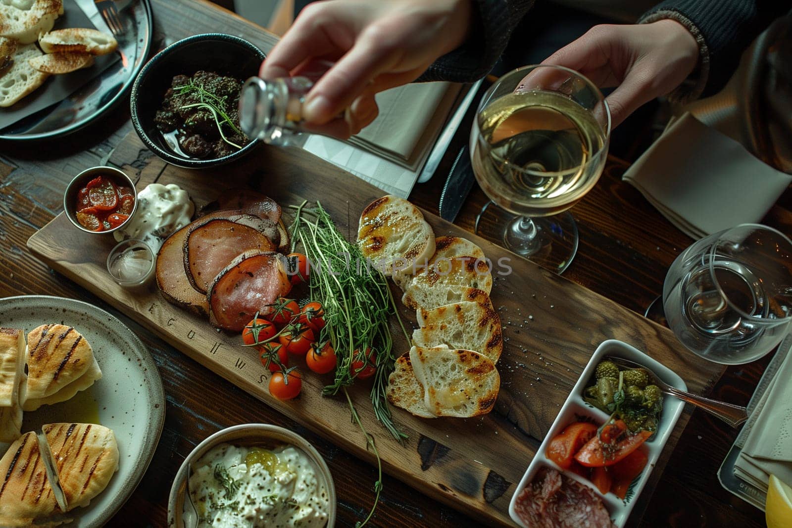 Hand reaching for appetizers on table. Close-up.