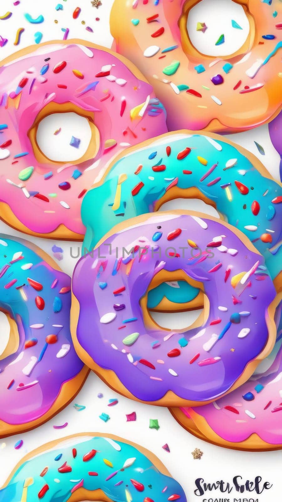 Variety of vibrant glazed donuts displayed on soft pink background, enticing with their colorful toppings, delicious allure. For cafe, pastry shop website, dessert advertisements, restaurant menu