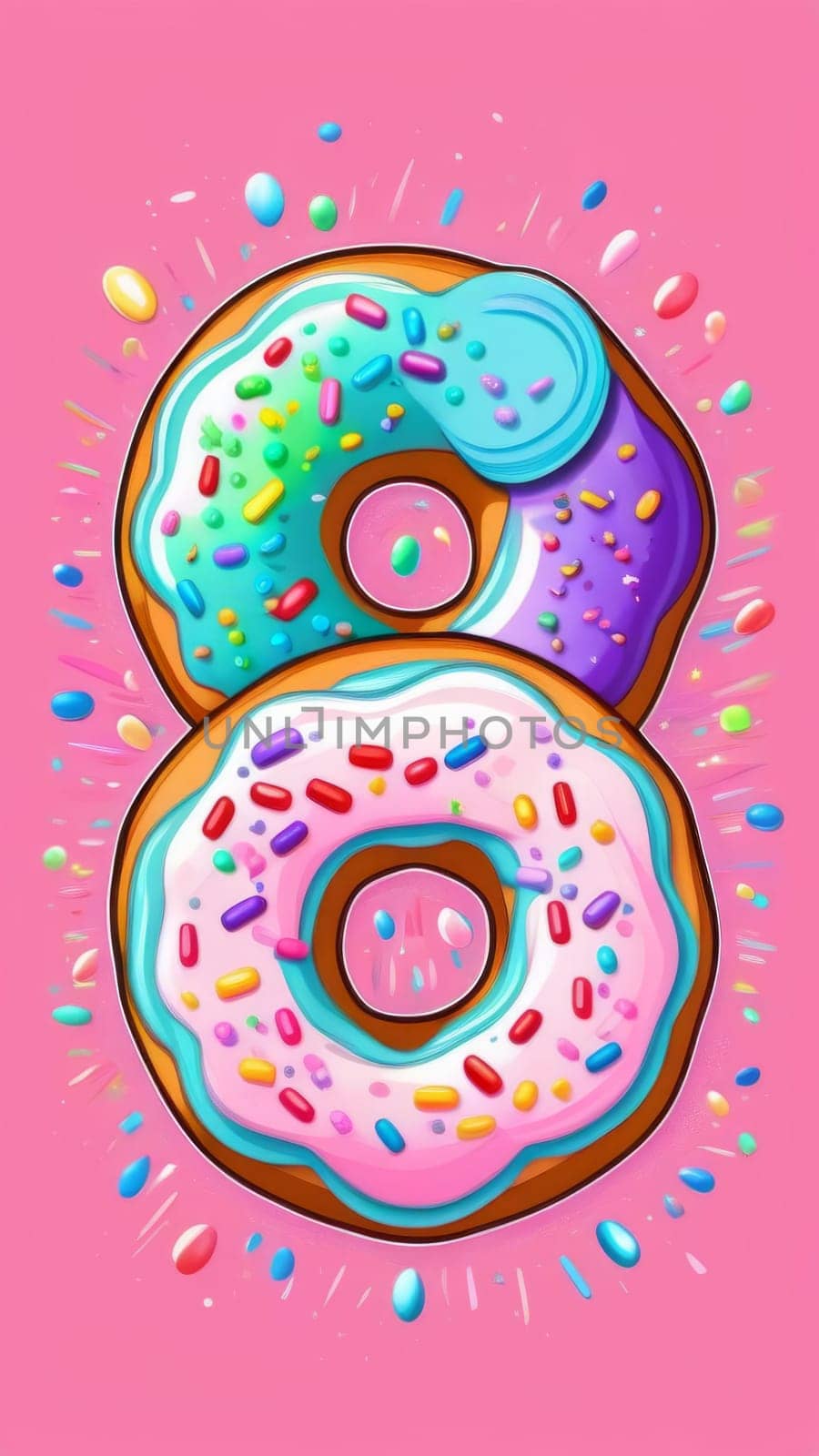 Variety of vibrant glazed donuts displayed on soft pink background, enticing with their colorful toppings, delicious allure. For cafe, pastry shop website, dessert advertisements, restaurant menu