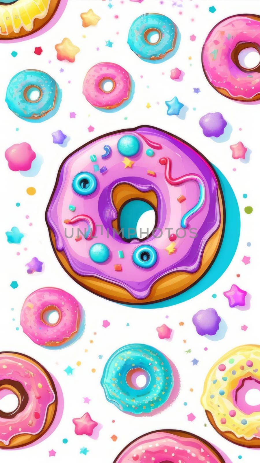 Variety of vibrant glazed donuts displayed on soft pink background, enticing with their colorful toppings, delicious allure. For cafe, pastry shop website, dessert advertisements, restaurant menu