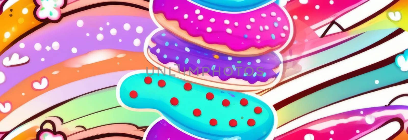 Variety of vibrant glazed donuts displayed on soft pink background, enticing with their colorful toppings, delicious allure. For cafe, pastry shop website, dessert advertisements, restaurant menu