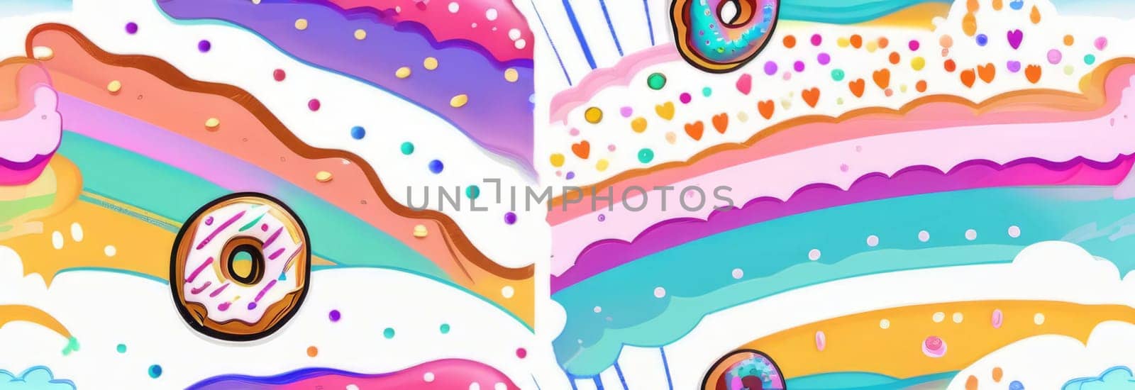 Variety of vibrant glazed donuts displayed on soft pink background, enticing with their colorful toppings, delicious allure. For cafe, pastry shop website, dessert advertisements, restaurant menu