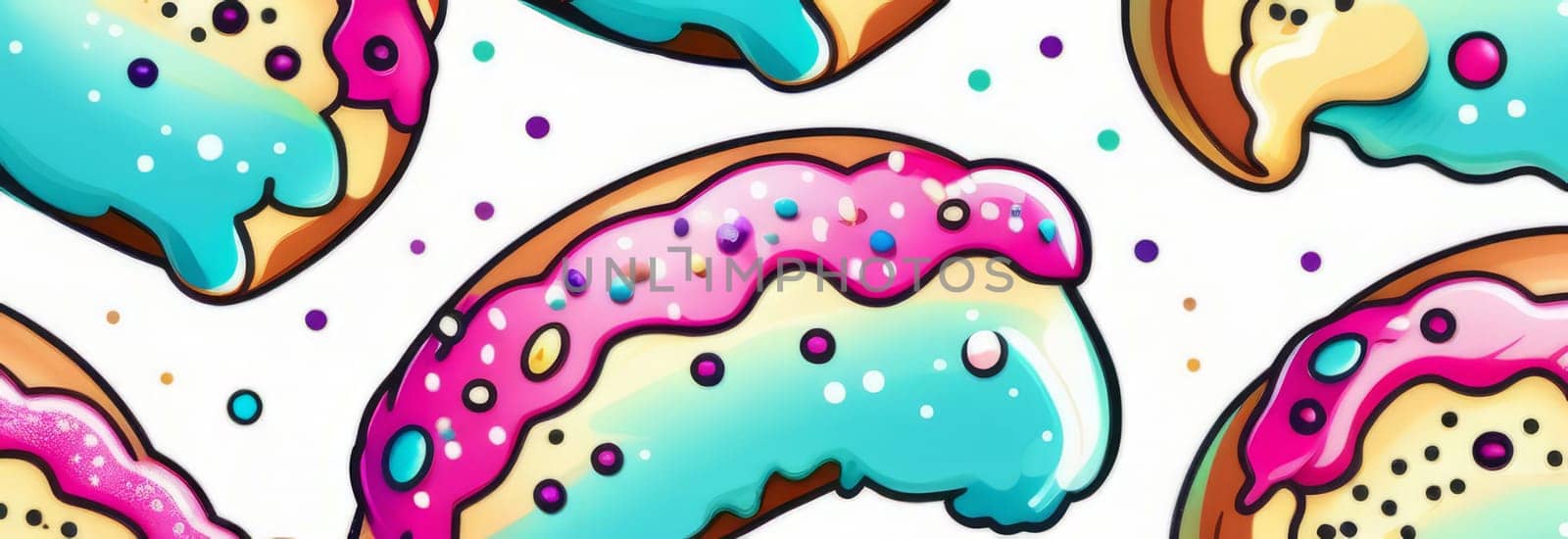 Variety of vibrant glazed donuts displayed on soft pink background, enticing with their colorful toppings, delicious allure. For cafe, pastry shop website, dessert advertisements, restaurant menu