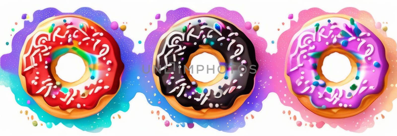 Variety of vibrant glazed donuts displayed on soft pink background, enticing with their colorful toppings, delicious allure. For cafe, pastry shop website, dessert advertisements, restaurant menu