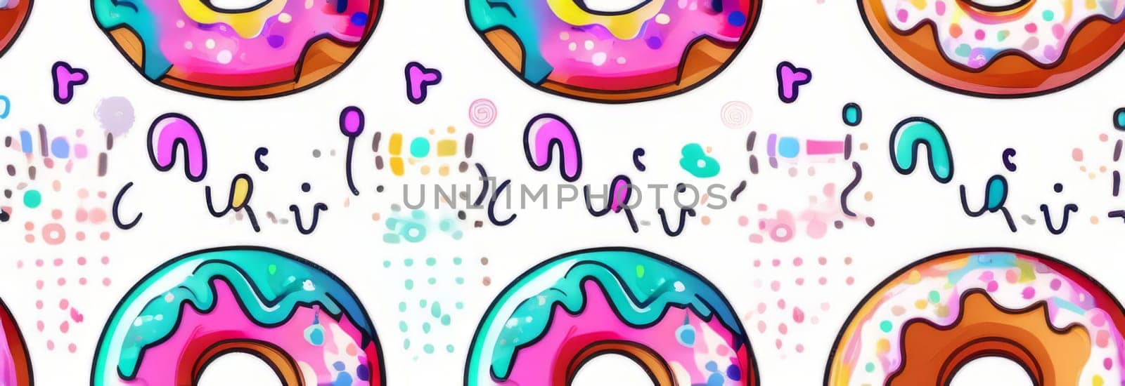 Variety of vibrant glazed donuts displayed on soft pink background, enticing with their colorful toppings, delicious allure. For cafe, pastry shop website, dessert advertisements, restaurant menu