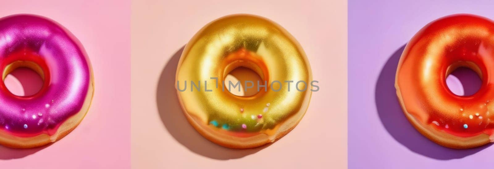 Variety of vibrant glazed donuts displayed on soft pink background, enticing with their colorful toppings, delicious allure. For cafe, pastry shop website, dessert advertisements, restaurant menu