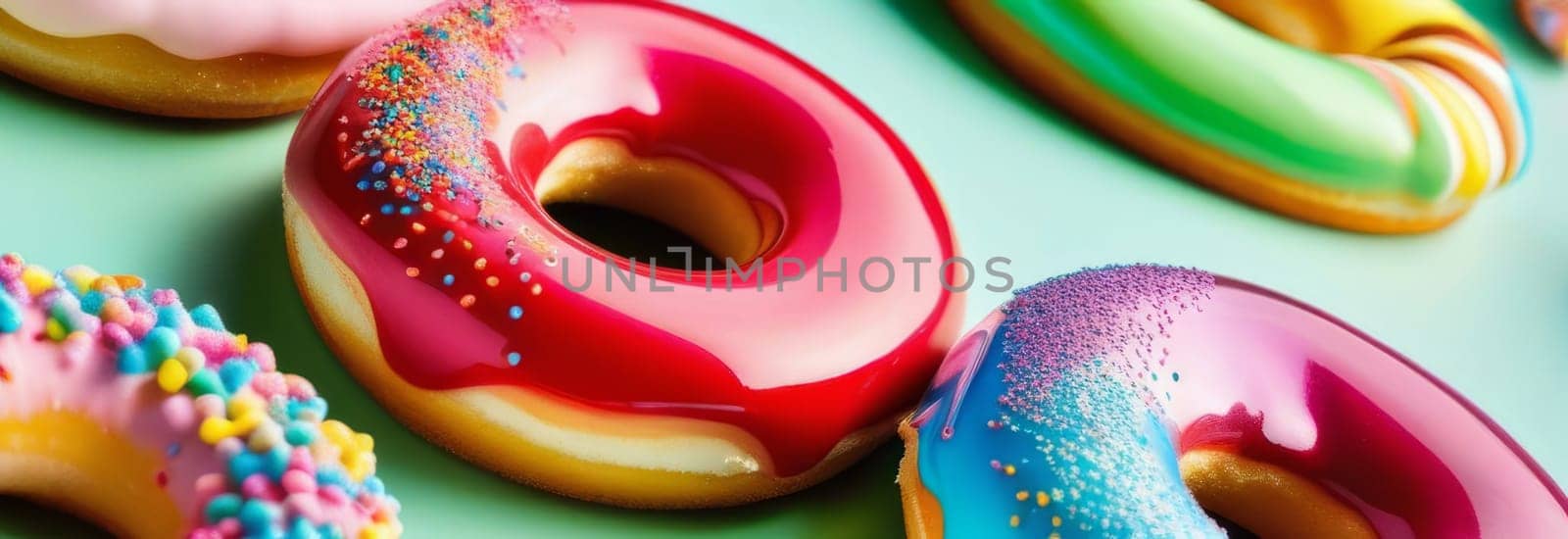 Variety of vibrant glazed donuts displayed on soft pink background, enticing with their colorful toppings, delicious allure. For cafe, pastry shop website, dessert advertisements, restaurant menu