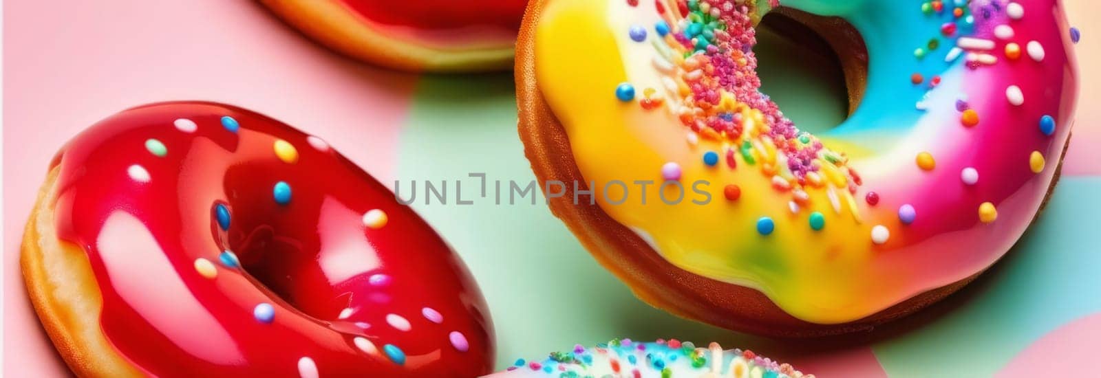 Variety of vibrant glazed donuts displayed on soft pink background, enticing with their colorful toppings, delicious allure. For cafe, pastry shop website, dessert advertisements, restaurant menu