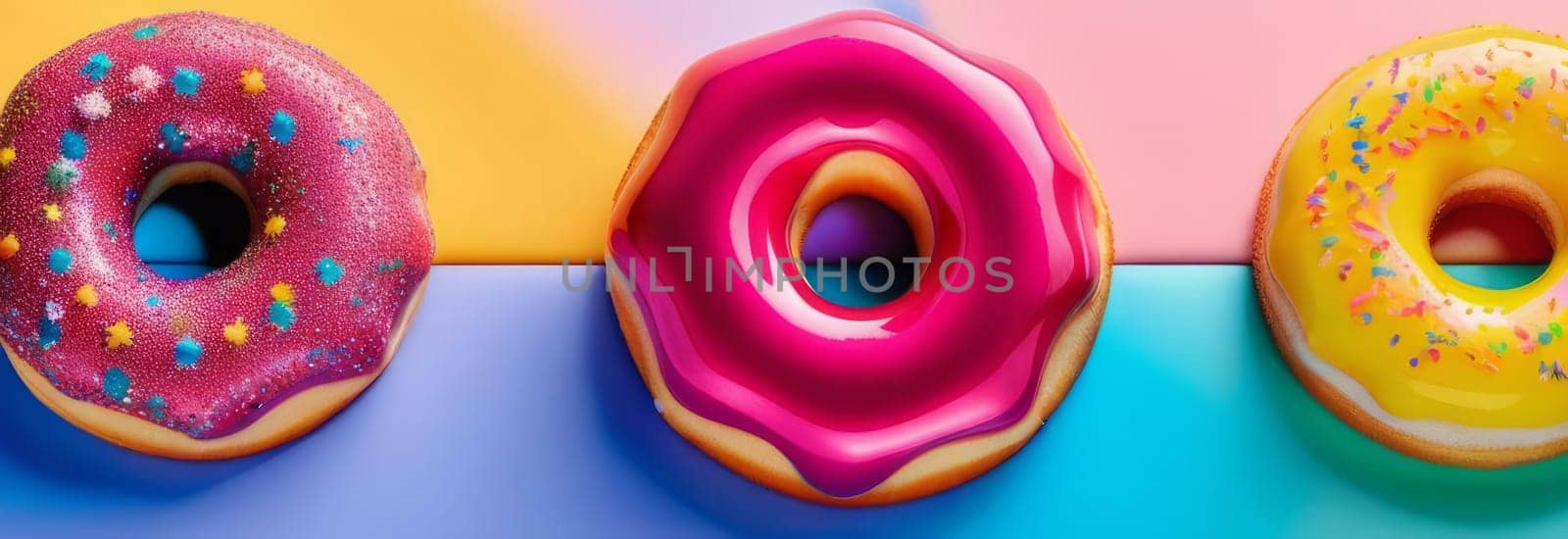 Variety of vibrant glazed donuts displayed on soft pink background, enticing with their colorful toppings, delicious allure. For cafe, pastry shop website, dessert advertisements, restaurant menu