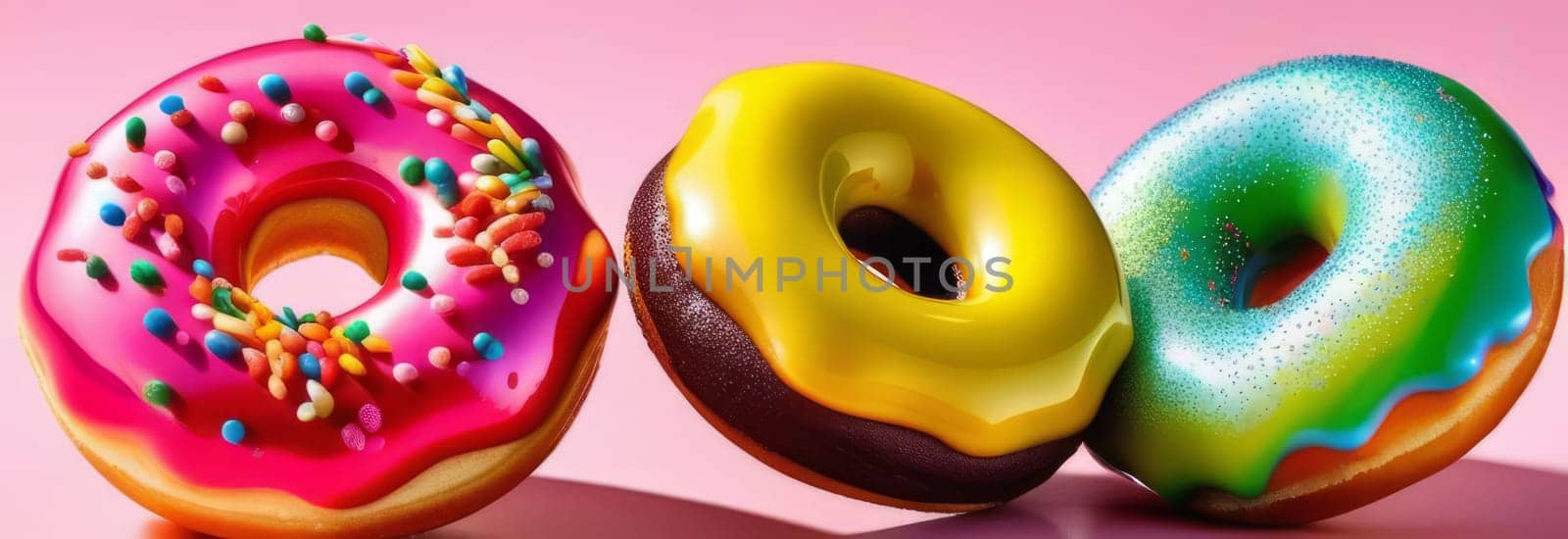 Variety of vibrant glazed donuts displayed on soft pink background, enticing with their colorful toppings, delicious allure. For cafe, pastry shop website, dessert advertisements, restaurant menu