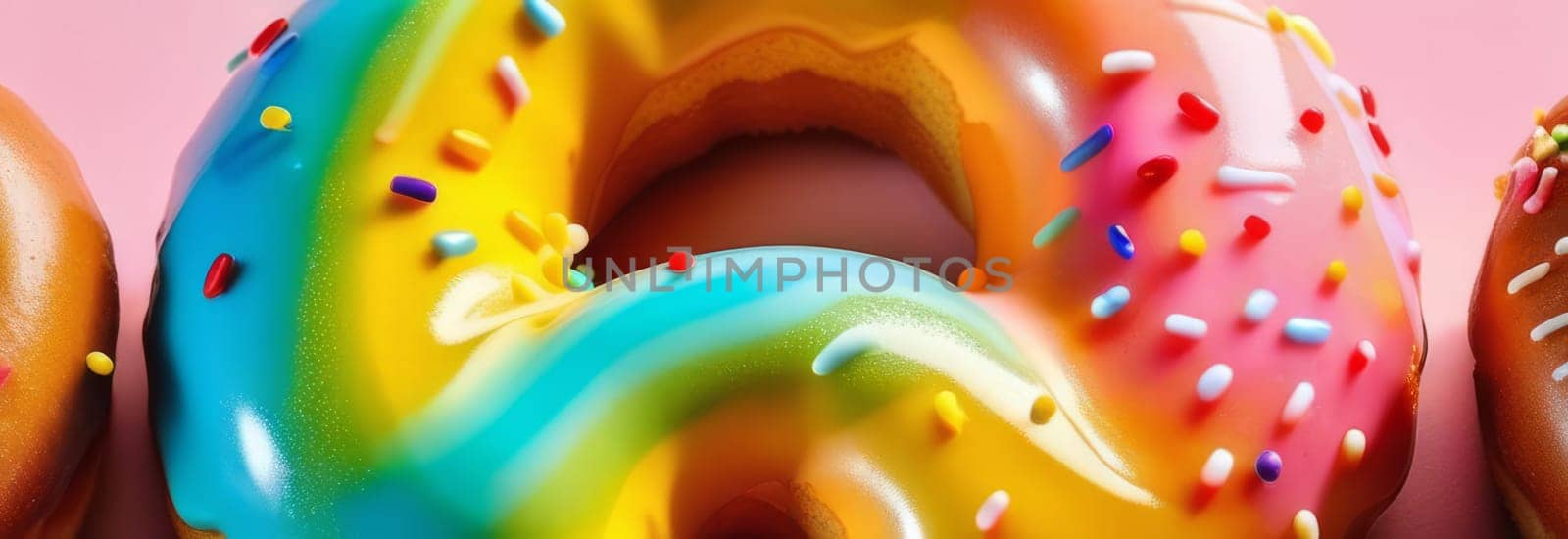 Variety of vibrant glazed donuts displayed on soft pink background, enticing with their colorful toppings, delicious allure. For cafe, pastry shop website, dessert advertisements, restaurant menu