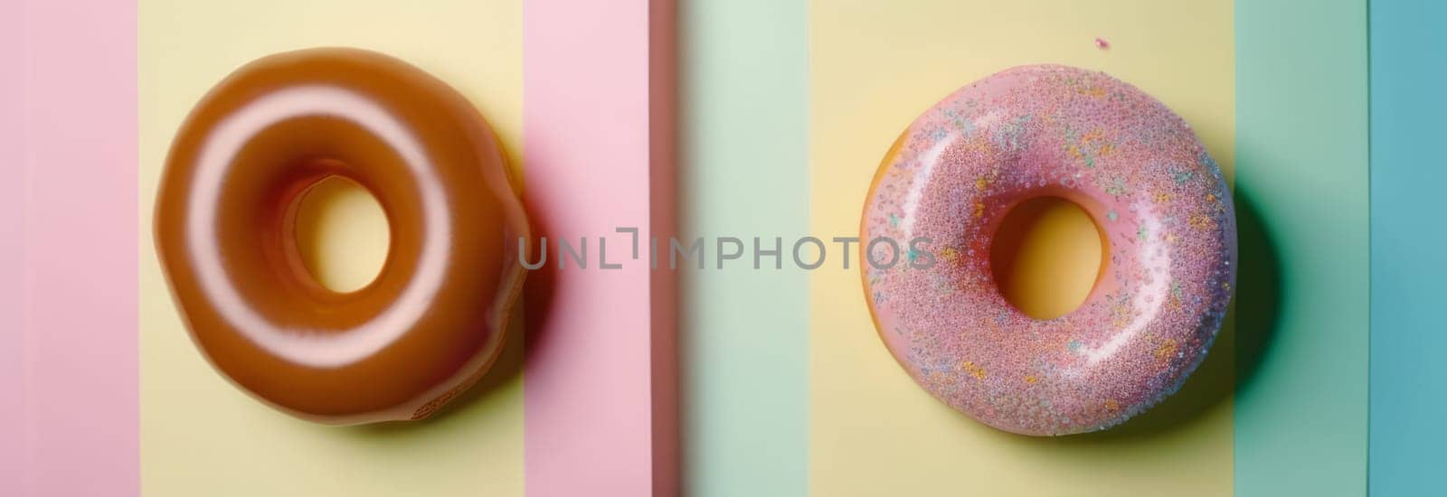 Variety of vibrant glazed donuts displayed on soft pink background, enticing with their colorful toppings, delicious allure. For cafe, pastry shop website, dessert advertisements, restaurant menu