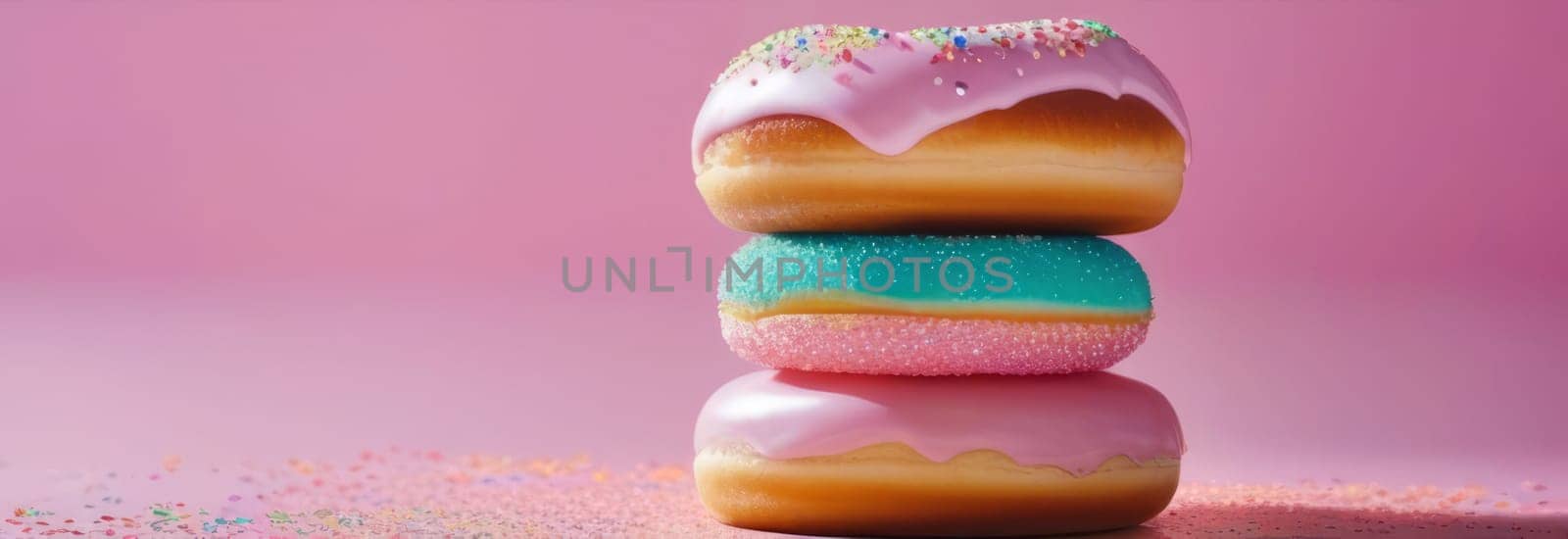 Vibrant assortment of colorful donuts stacked on plate, tempting, delicious treats. For advertise cafe, pastry shop, bakery, to promote sweets on social media, advertising campaigns, banner, menu