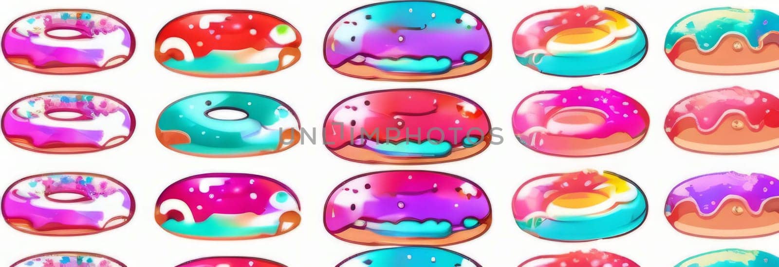 Variety of vibrant glazed donuts displayed on soft pink background, enticing with their colorful toppings, delicious allure. For cafe, pastry shop website, dessert advertisements, restaurant menu
