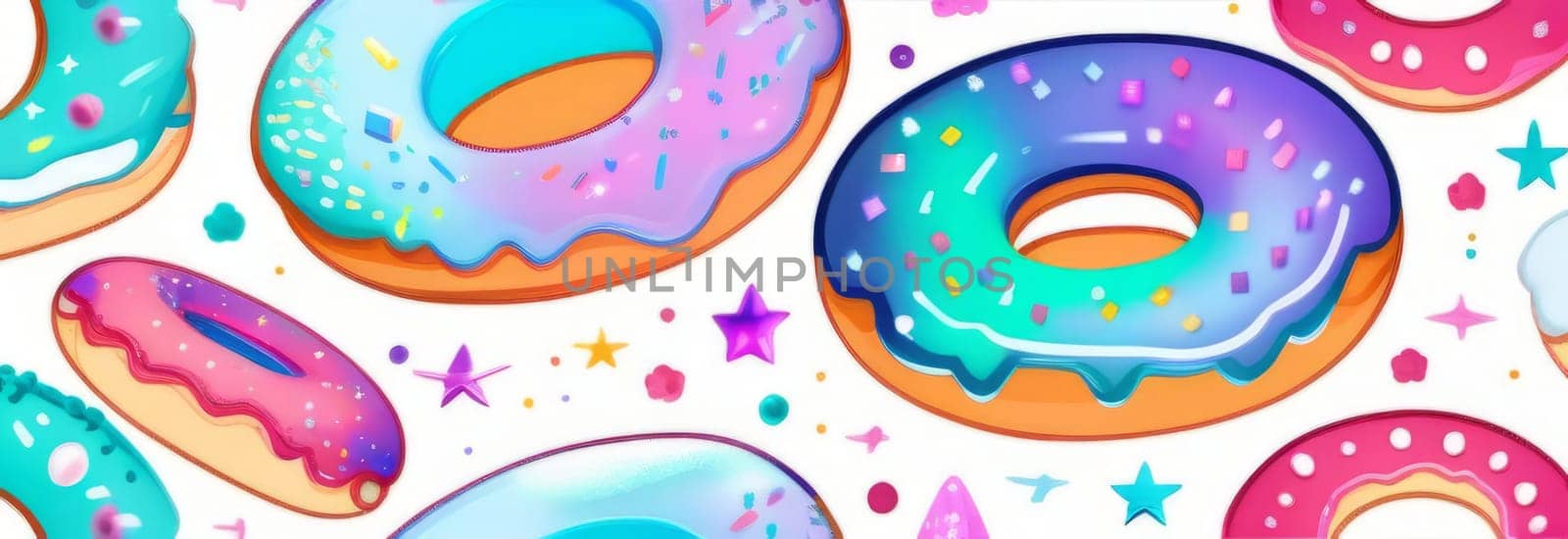 Variety of vibrant glazed donuts displayed on soft pink background, enticing with their colorful toppings, delicious allure. For cafe, pastry shop website, dessert advertisements, restaurant menu