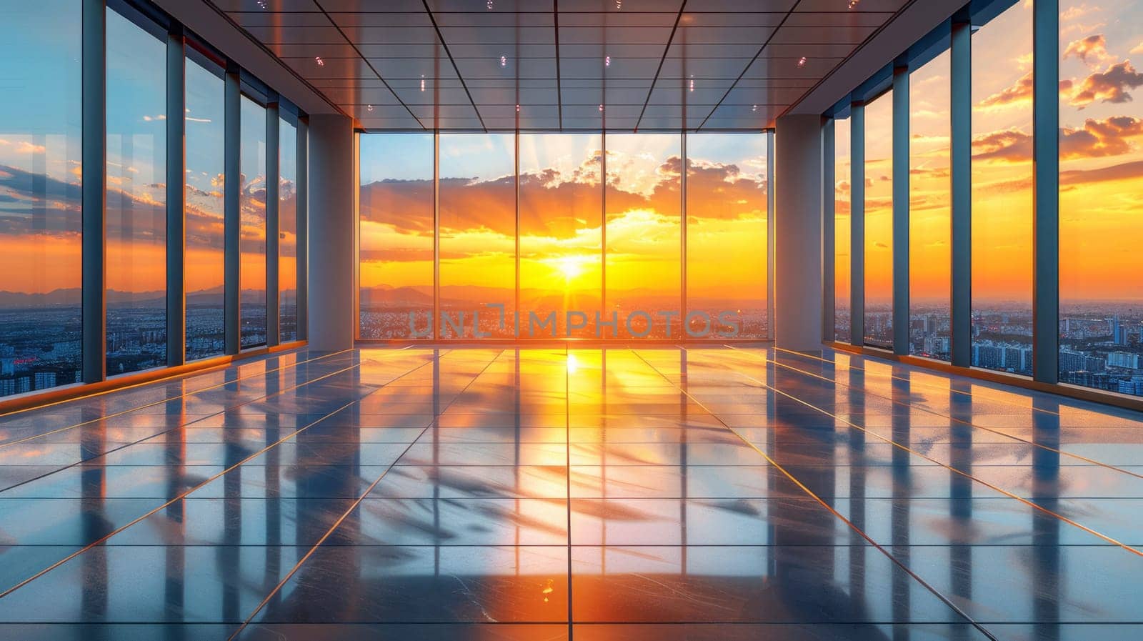 A beautiful modern spacious office hall with panoramic windows and a perspective in pleasant orange and blue tones.