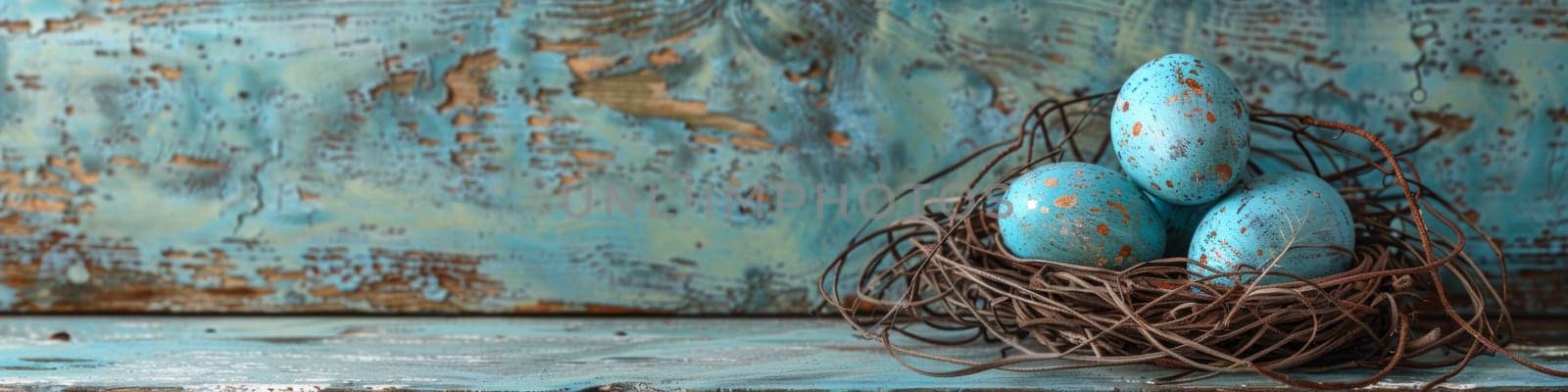 A blue eggs in a nest on top of wood