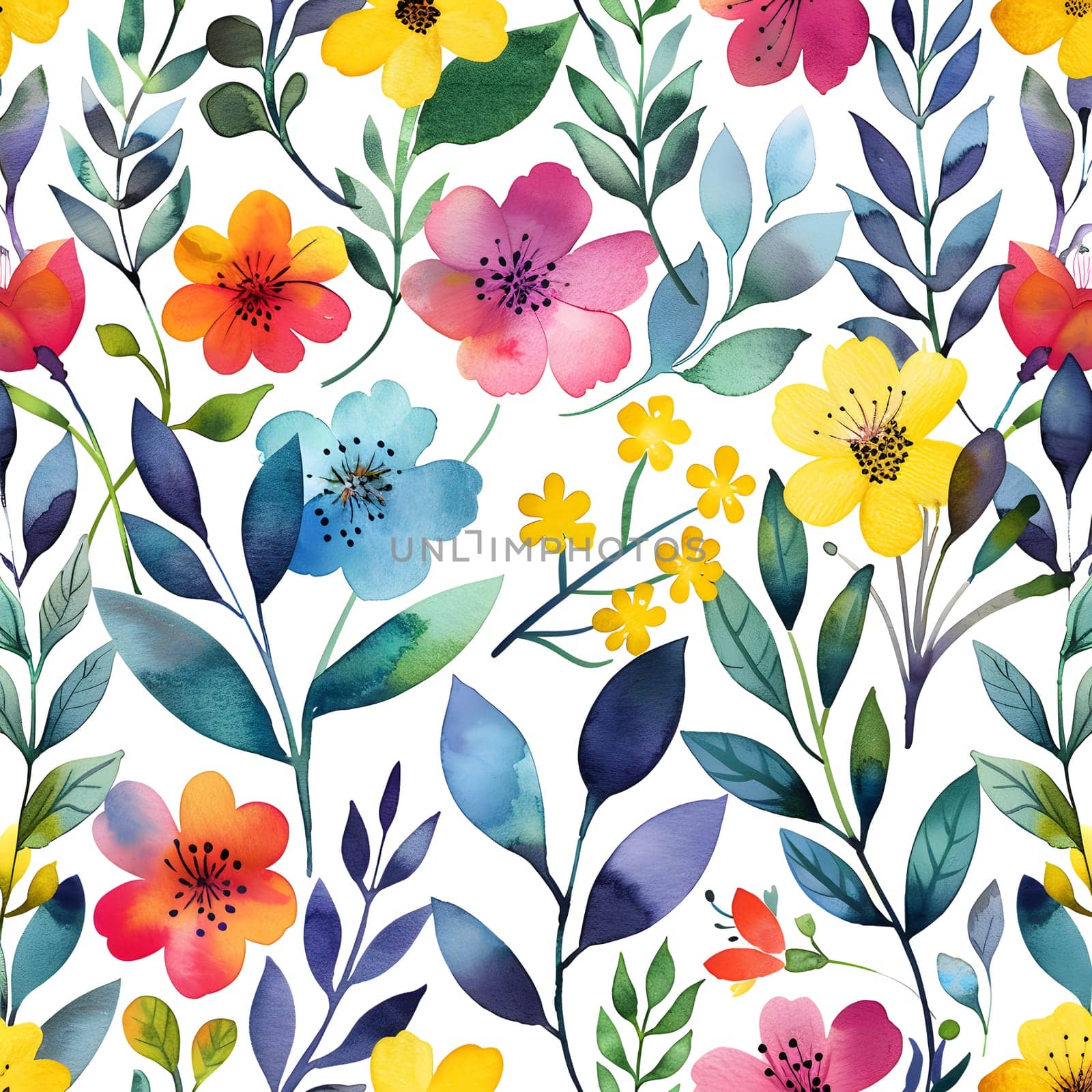 Beautiful watercolor flowers and leaves create a seamless pattern on a white background perfect for textile products like sleeves, rectangles, and dishware