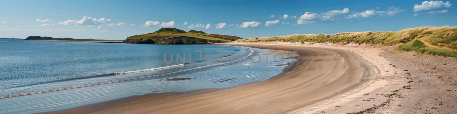 A sandy beach with a small hill in the distance