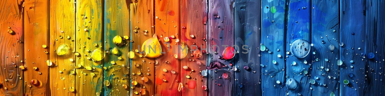 A rainbow of different colors and sizes of water droplets on a wooden wall