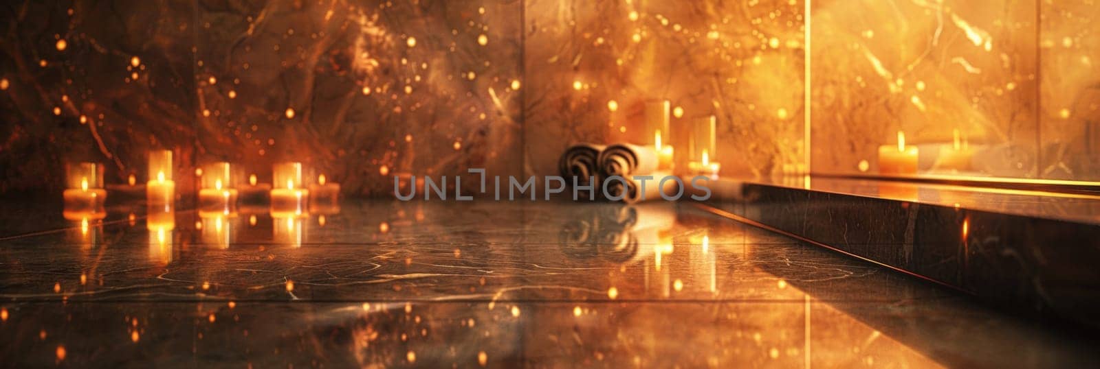 A bathroom with candles lit on the floor and a mirror, AI by starush
