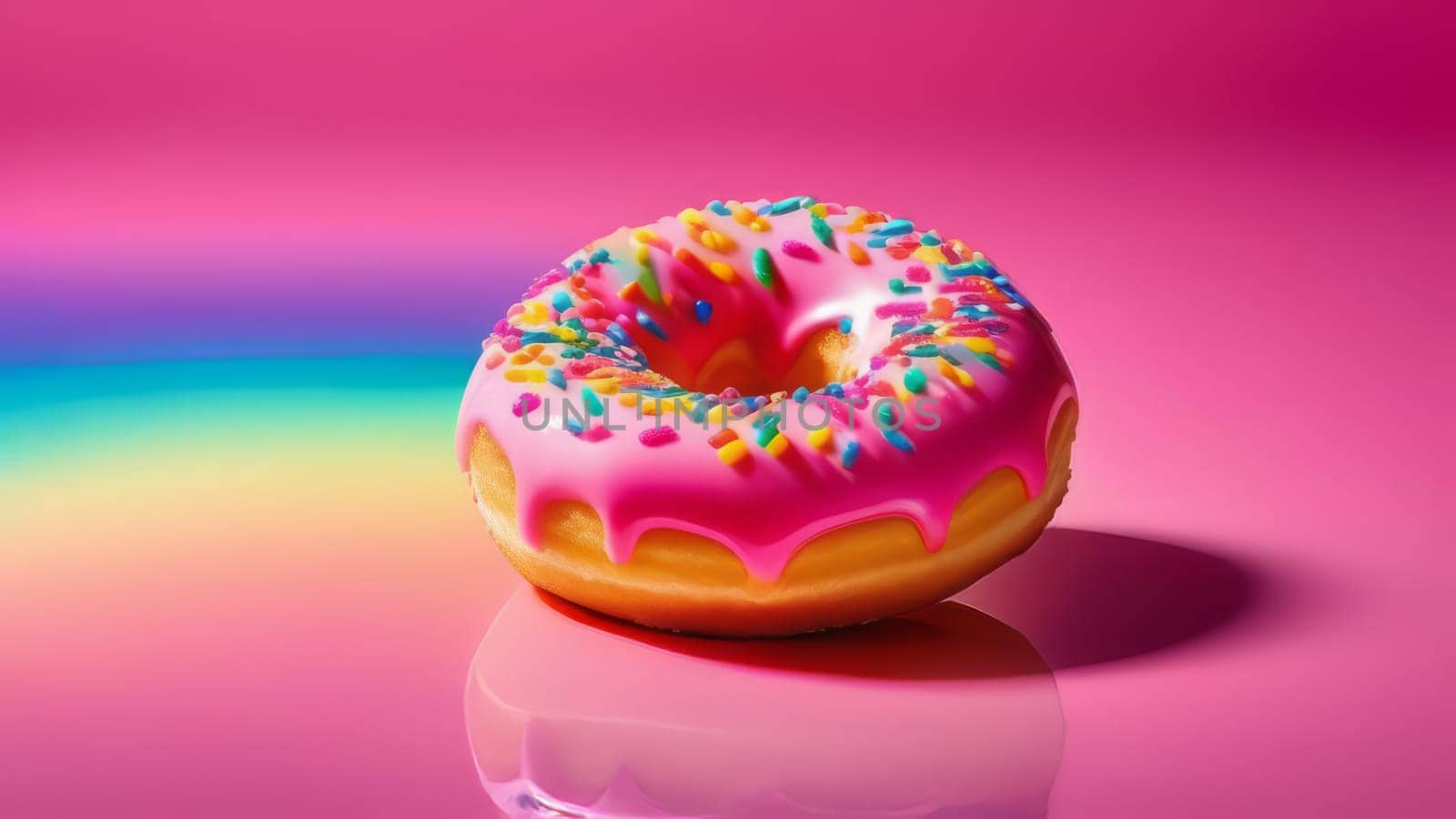 Colorful donut covered in sprinkles, set against vibrant pink background. For bakery website, dessert advertisements, cafe, restaurant menu, on food blog, social media, culinary book, magazine. banner