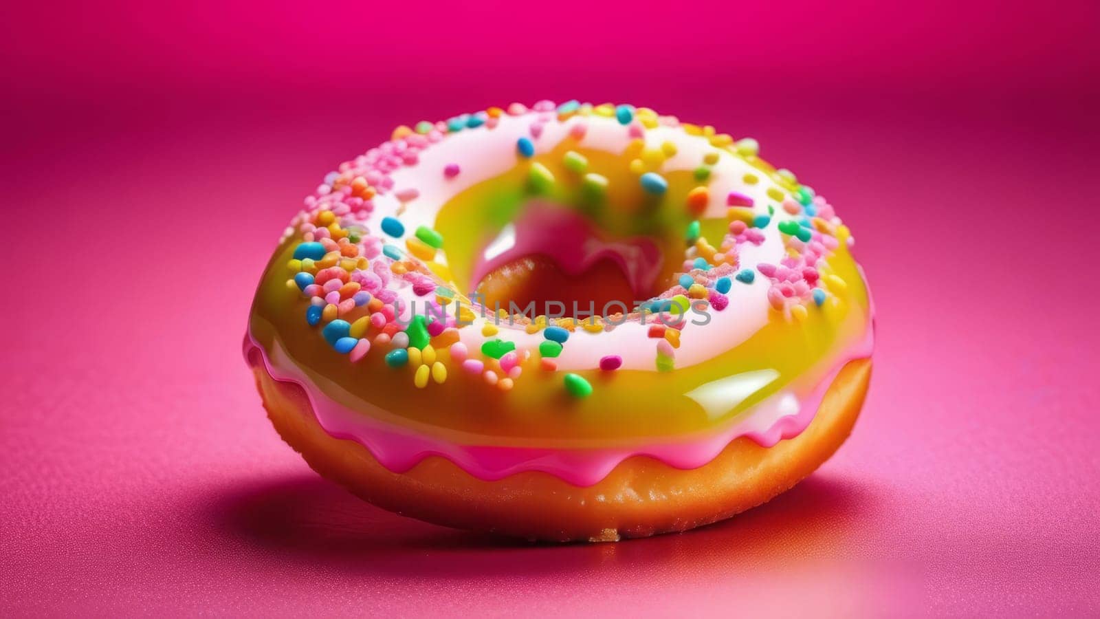 Colorful donut covered in sprinkles, set against vibrant pink background. For bakery website, dessert advertisements, cafe, restaurant menu, on food blog, social media, culinary book, magazine. banner