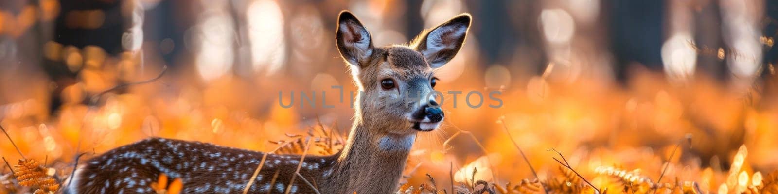 A deer is standing in a field of yellow and brown leaves