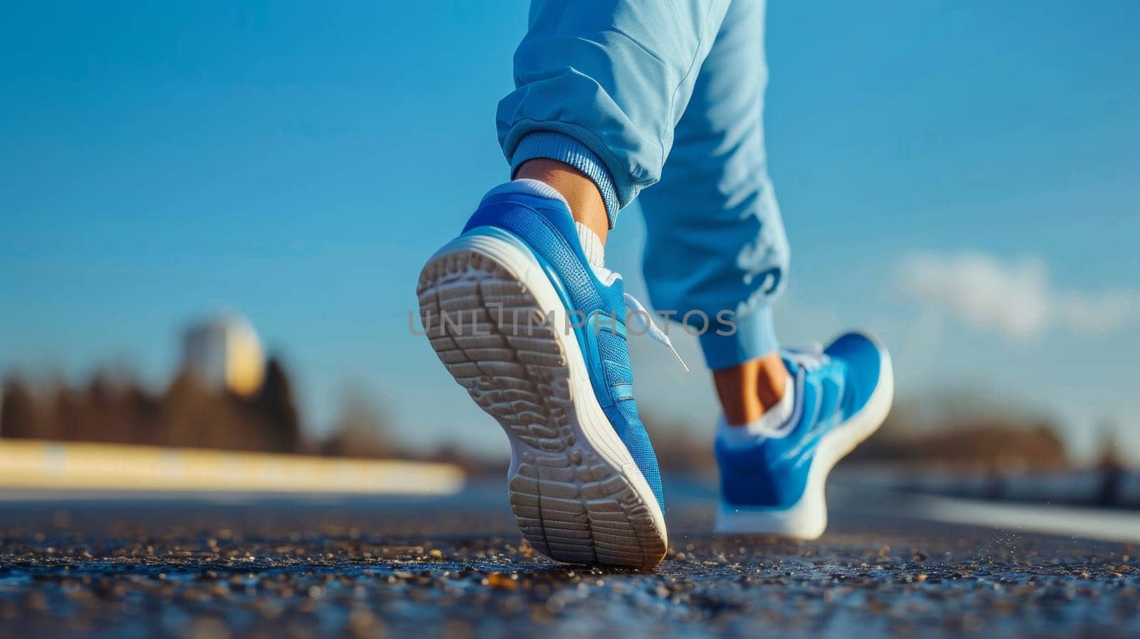 A person wearing blue sneakers running on a road