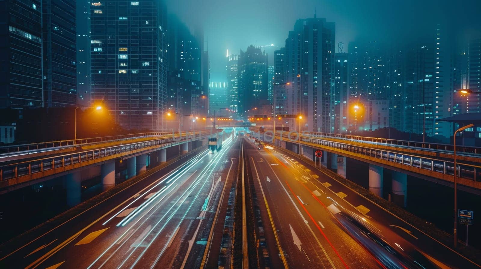 A city street with cars driving on it at night