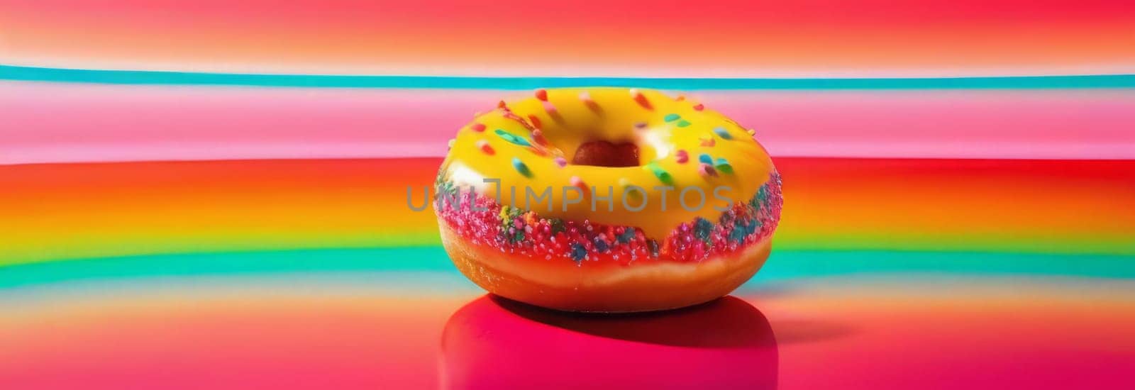 Freshly baked donut topped with generous amount of rainbow-colored sprinkles drizzled with rich sweet icing on colorful background. For culinary book, magazine, food blog, social media platforms