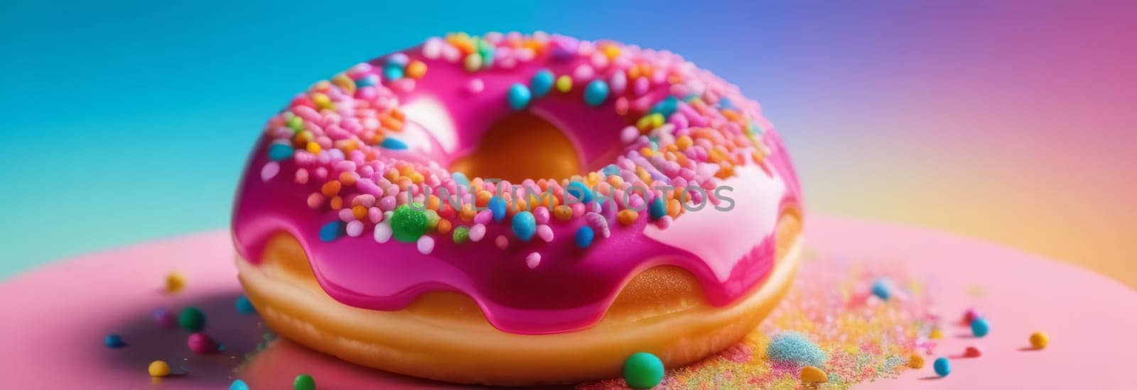 Freshly baked donut topped with generous amount of rainbow-colored sprinkles drizzled with rich sweet icing on colorful background. For culinary book, magazine, food blog, social media platforms