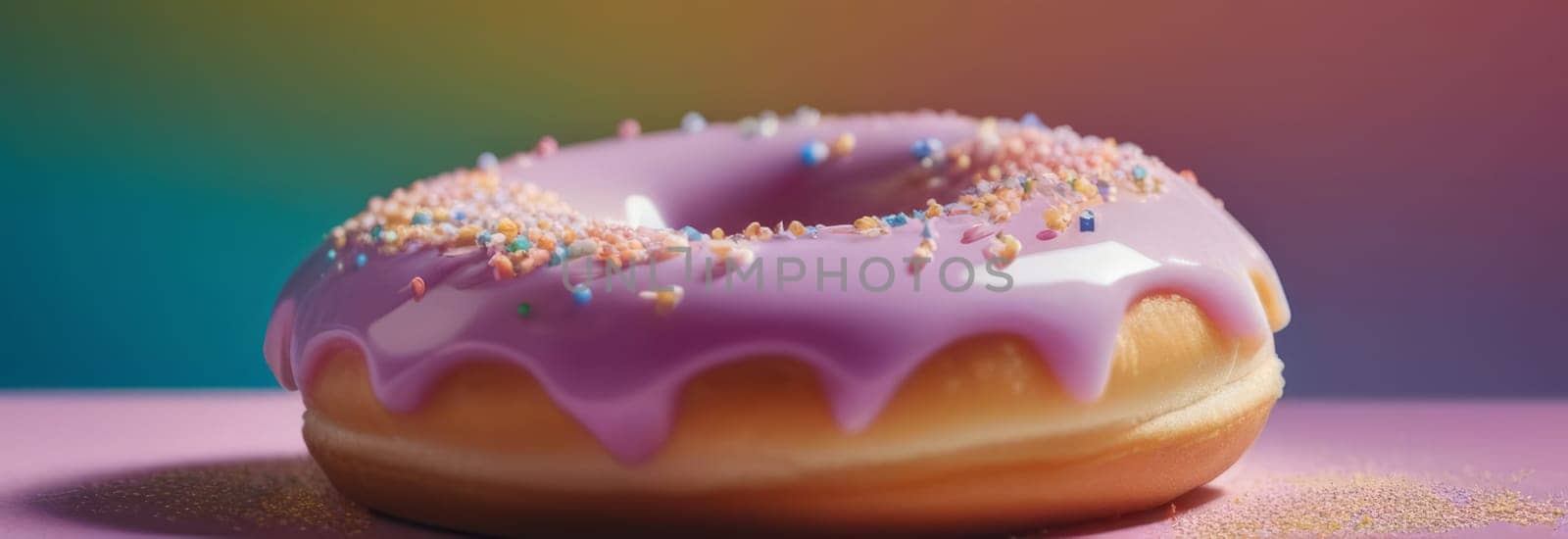 Freshly baked donut topped with generous amount of rainbow-colored sprinkles drizzled with rich sweet icing on colorful background. For culinary book, magazine, food blog, social media platforms