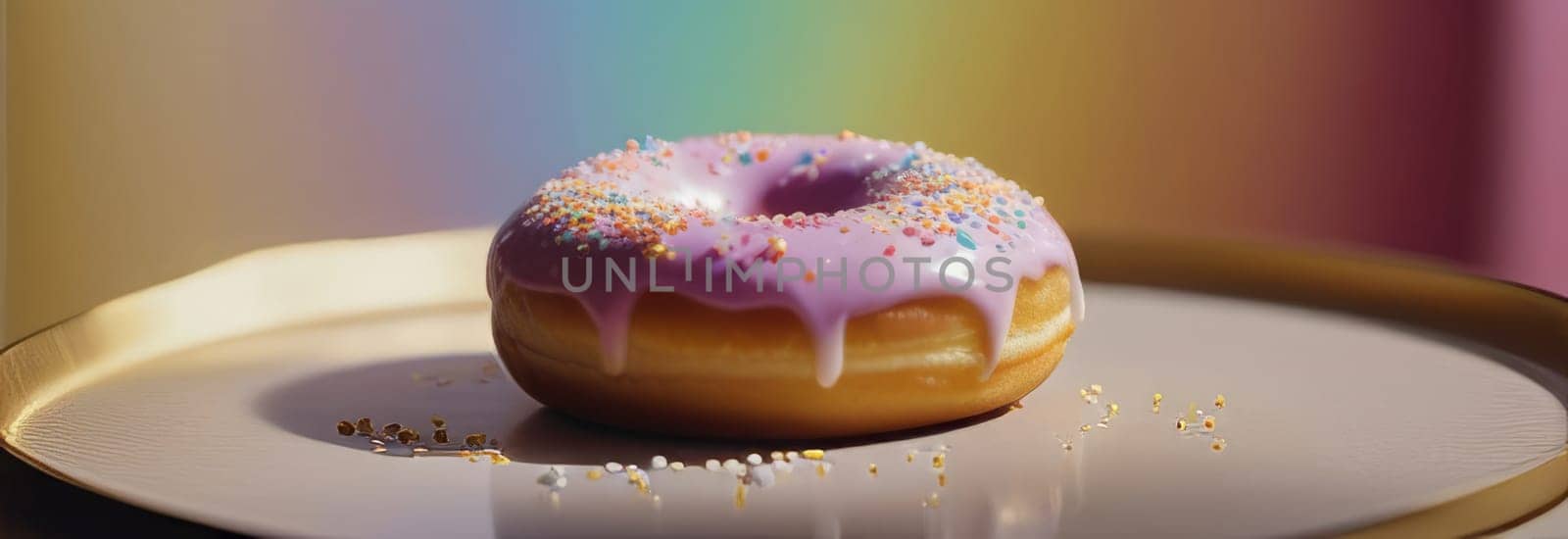 Freshly baked donut topped with generous amount of rainbow-colored sprinkles drizzled with rich sweet icing on colorful background. For culinary book, magazine, food blog, social media platforms