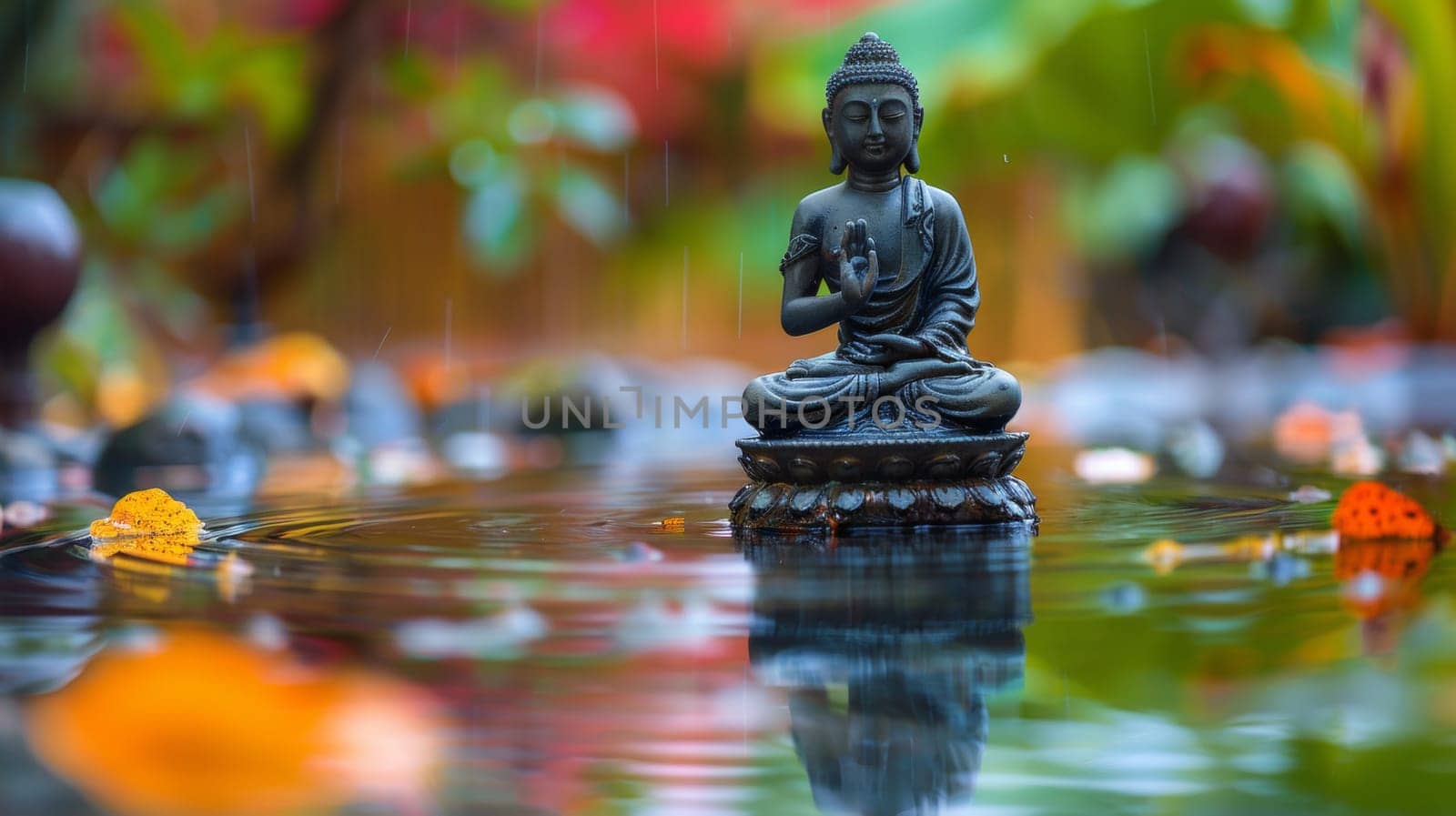 A statue of a buddha sitting in the water on top of some leaves