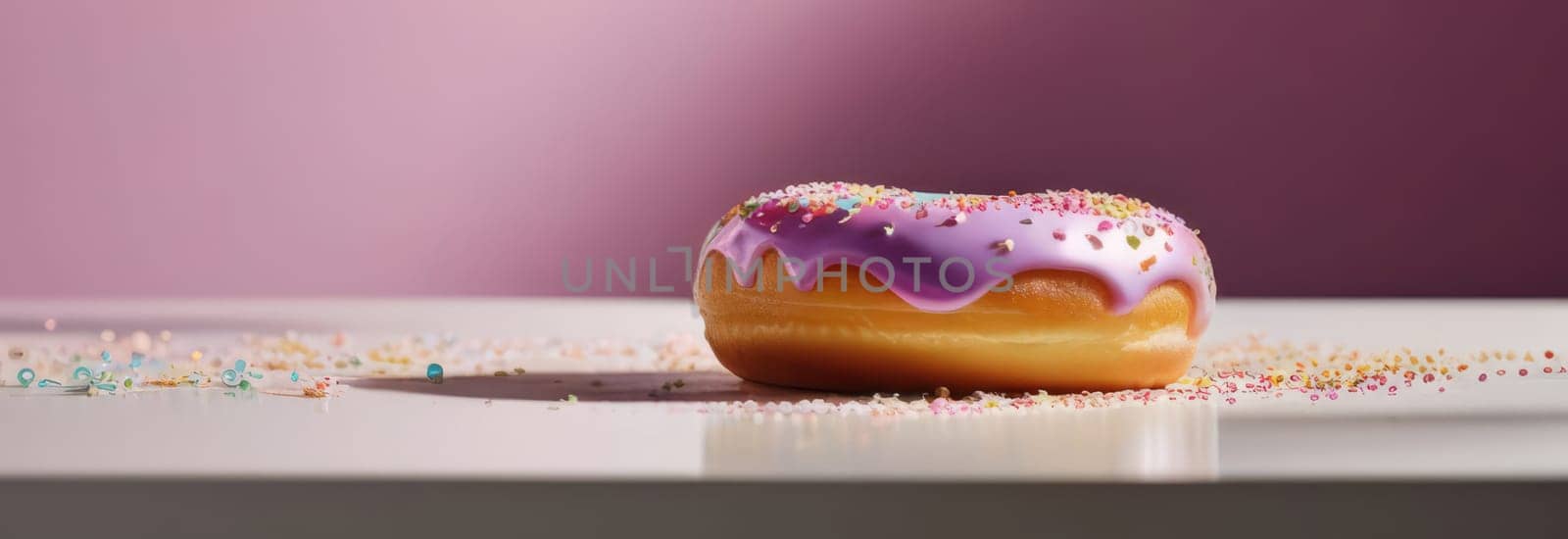 Freshly baked donut topped with generous amount of rainbow-colored sprinkles drizzled with rich sweet icing on colorful background. For culinary book, magazine, food blog, social media platforms