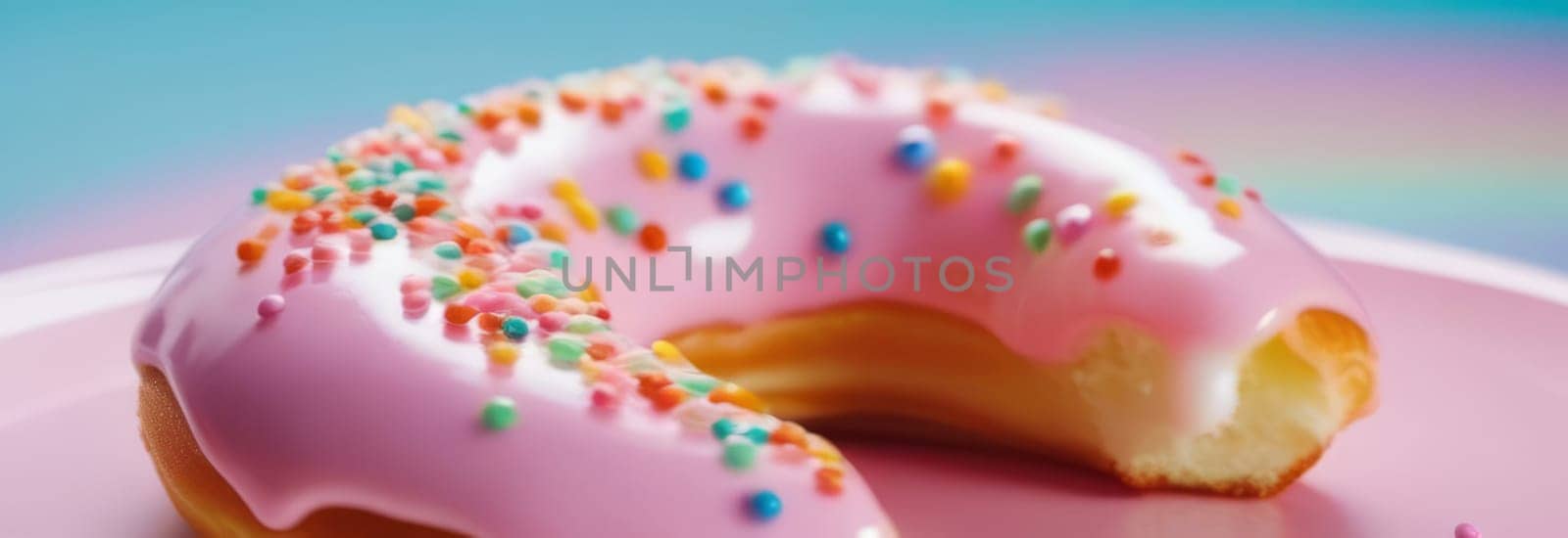 Freshly baked donut topped with generous amount of rainbow-colored sprinkles drizzled with rich sweet icing on colorful background. For culinary book, magazine, food blog, social media platforms