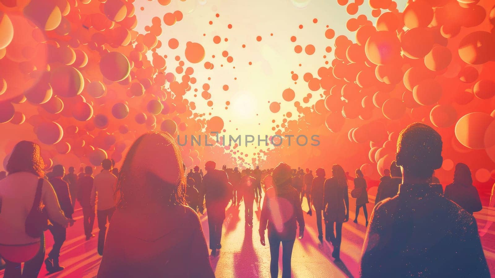 A group of people walking down a street with balloons in the sky