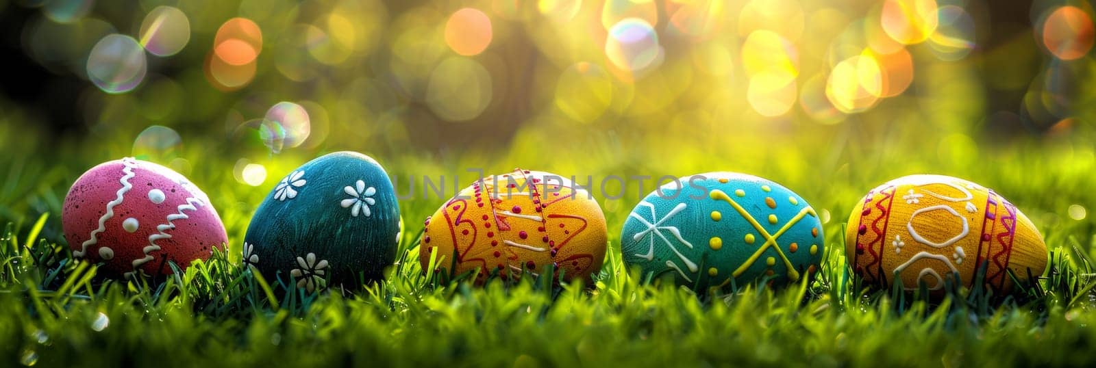 A row of colorful easter eggs are sitting in the grass