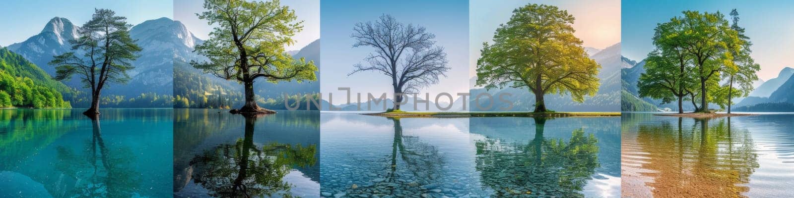 A series of pictures showing different trees in a lake