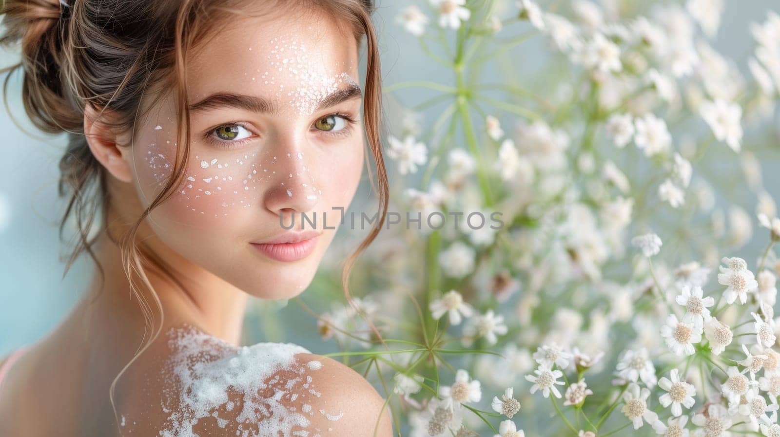 A woman with white powder on her face and flowers in the background